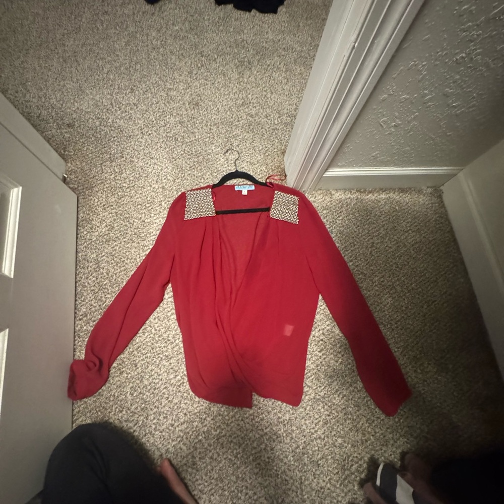 Elegant Red Women's Top with Embellished Shoulders